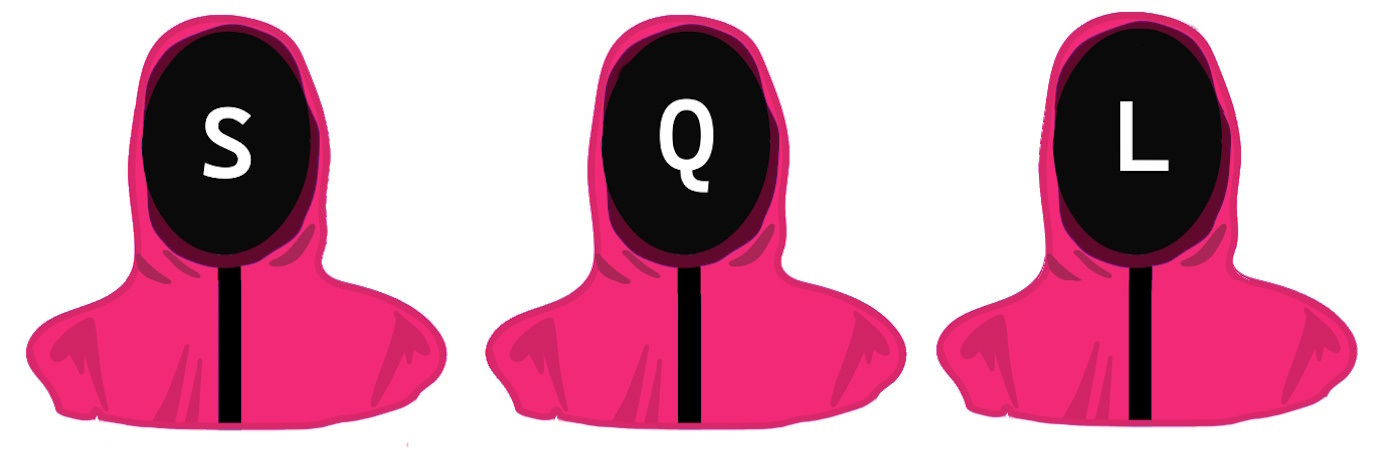 Illustration of 3 hooded masked men with the letters S,Q,L written on the mask.